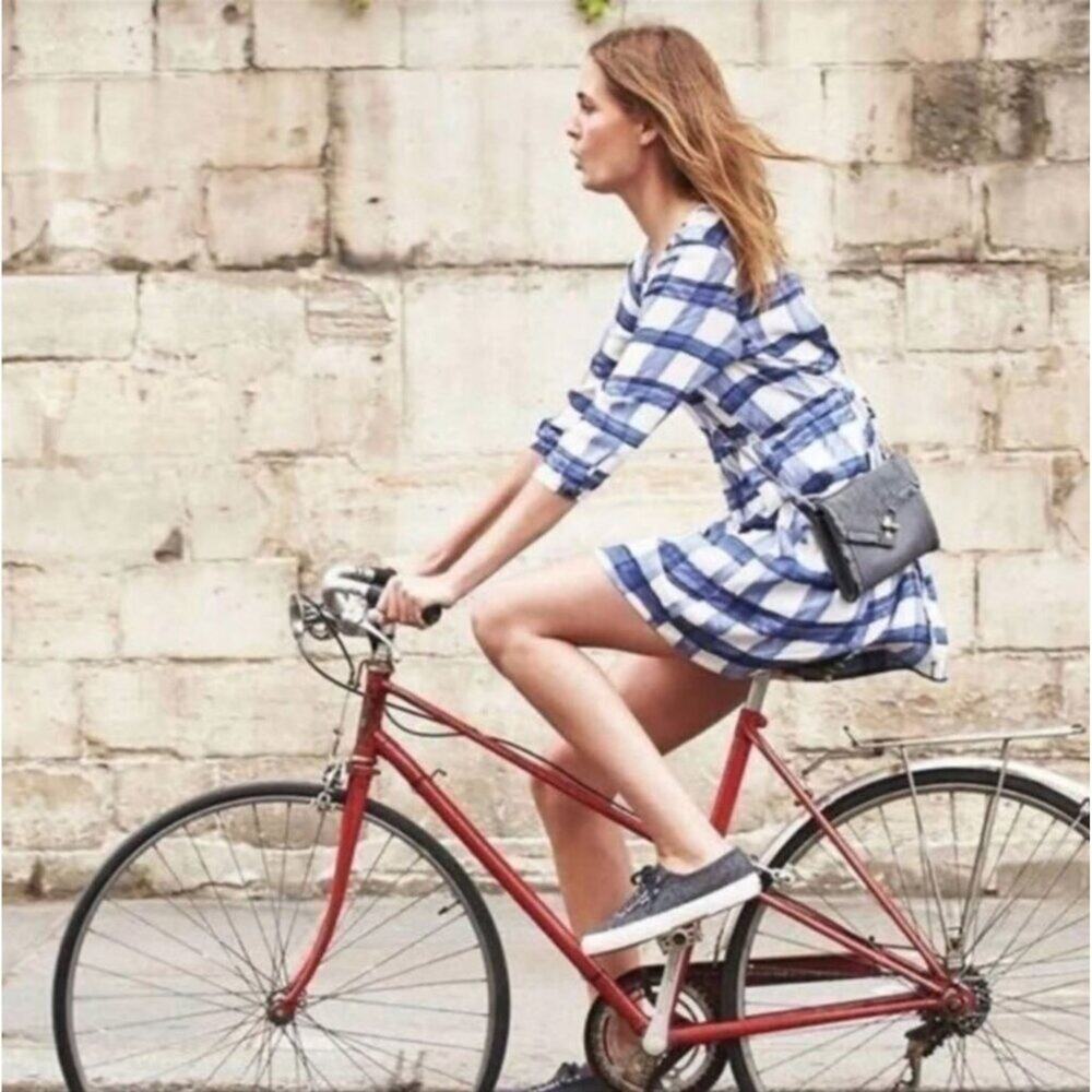 Anthropologie Maeve Devery Gingham Mini Shirt Dress Blue White Women's size Extr